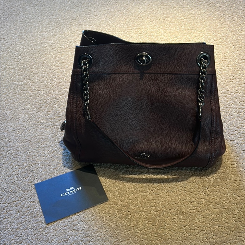 Coach Burgandy Leather ‘Edie’ Shoulder Bag with Gun Metal Chain Strap & Accents